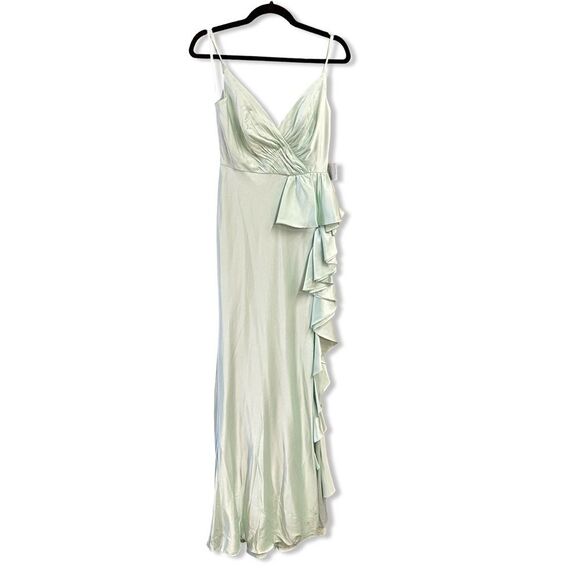 Mac Duggal Light Green Satin Ruffled Asymmetrical Gown slip dress maxi NWT 4 - Picture 5 of 14